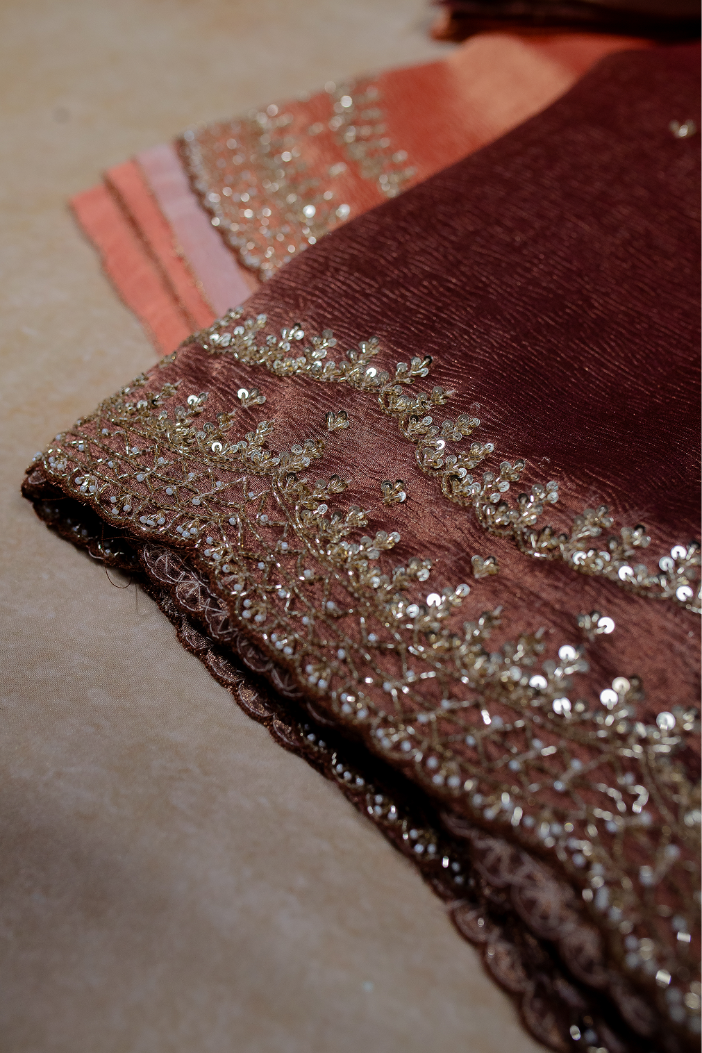 Brown& Orange Ombre Crushed Tissue Saree