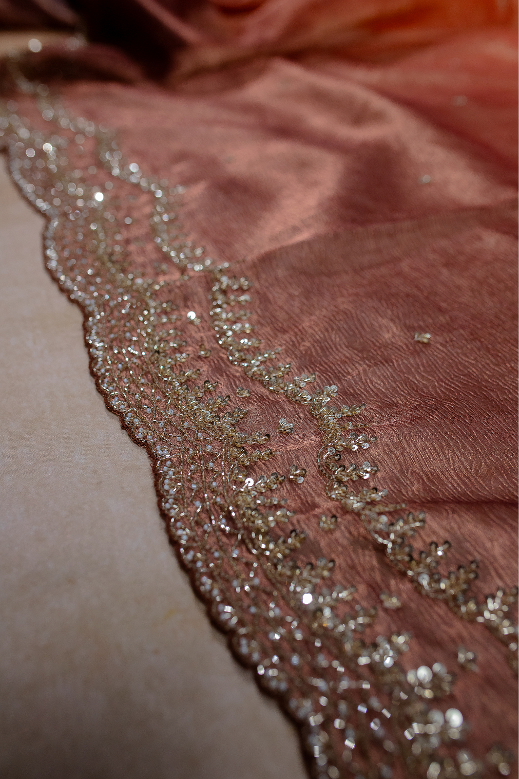 Brown& Orange Ombre Crushed Tissue Saree