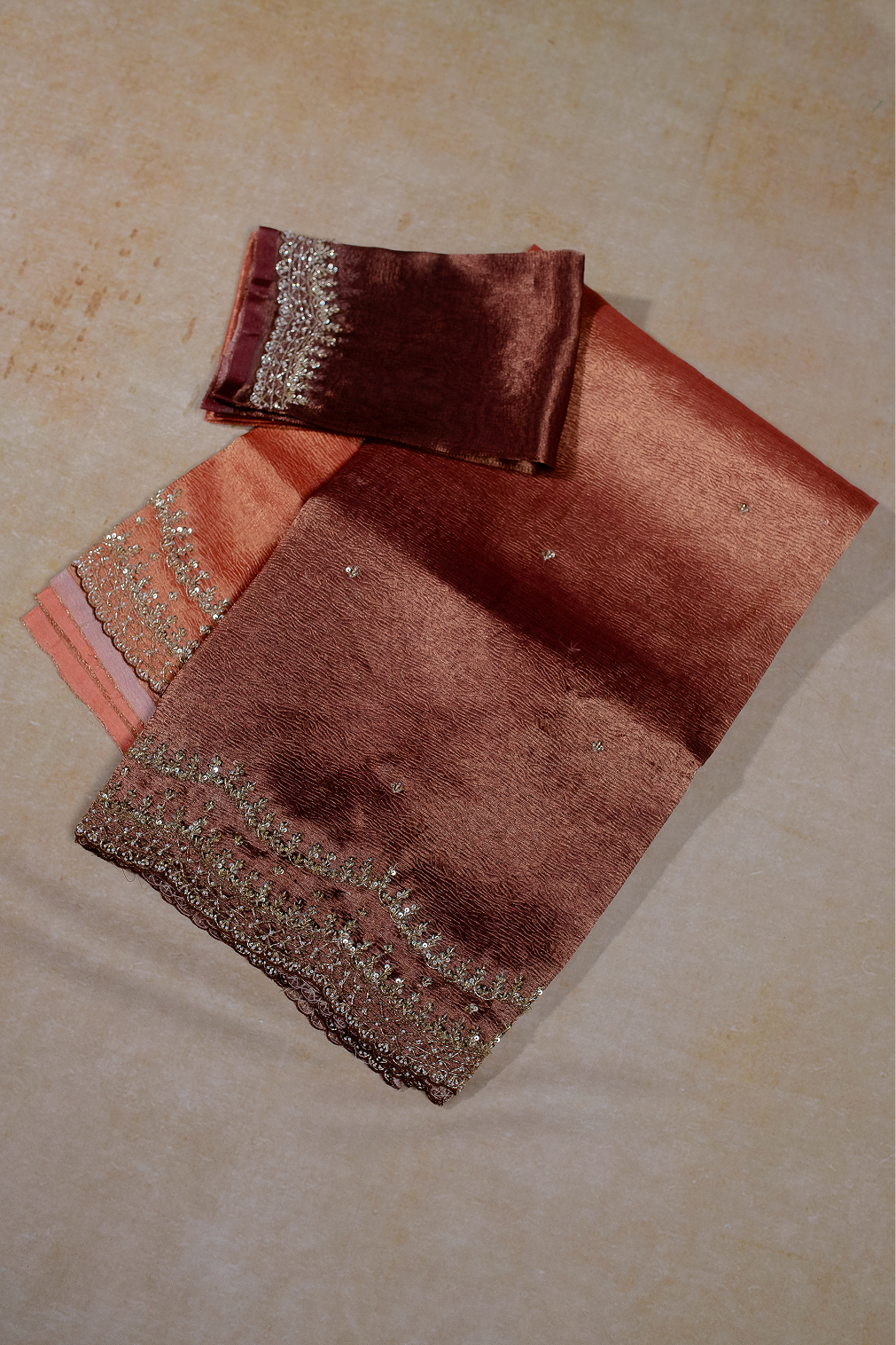 Brown& Orange Ombre Crushed Tissue Saree