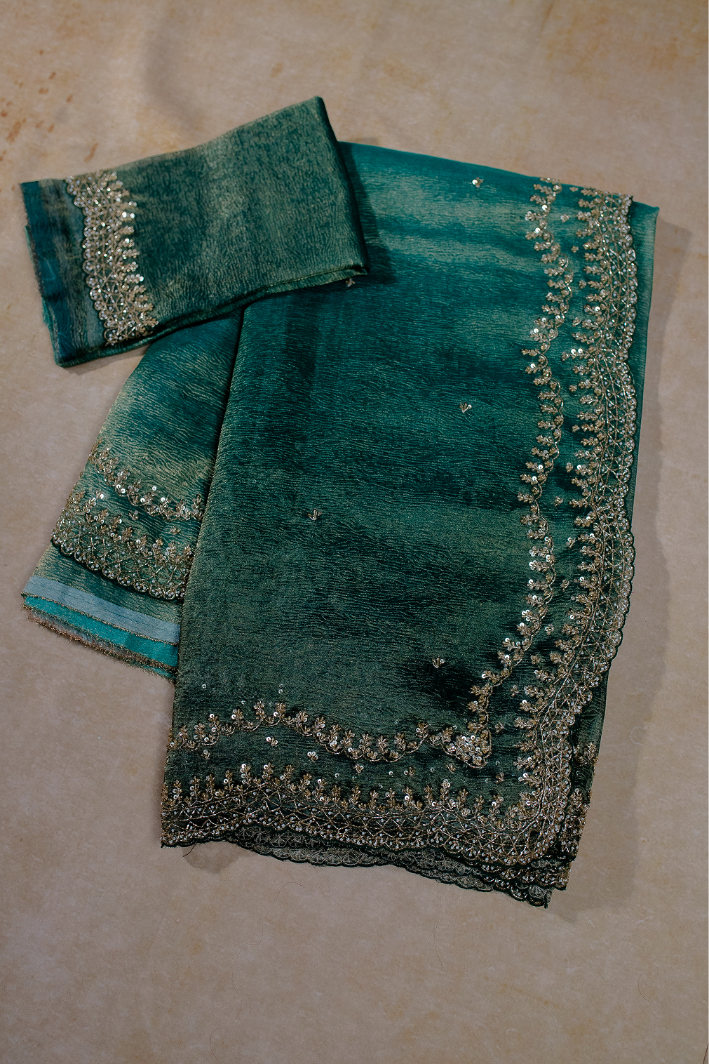Teal Green Ombre Crushed Tissue Saree