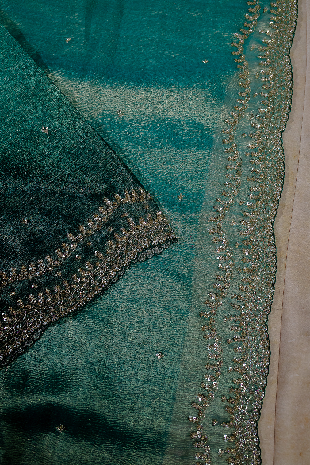 Teal Green Ombre Crushed Tissue Saree