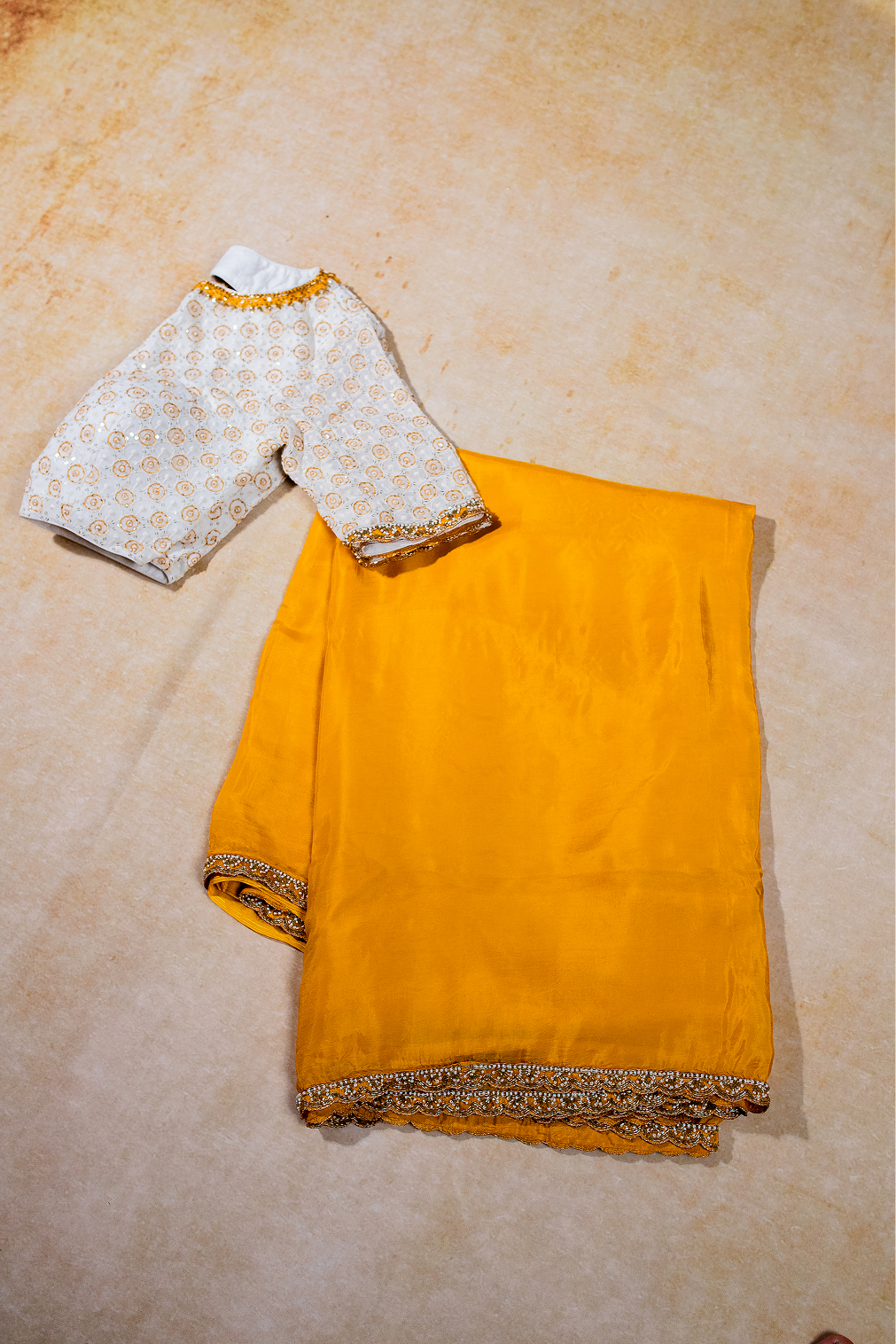 Vibrant Yellow Habotai silk saree set