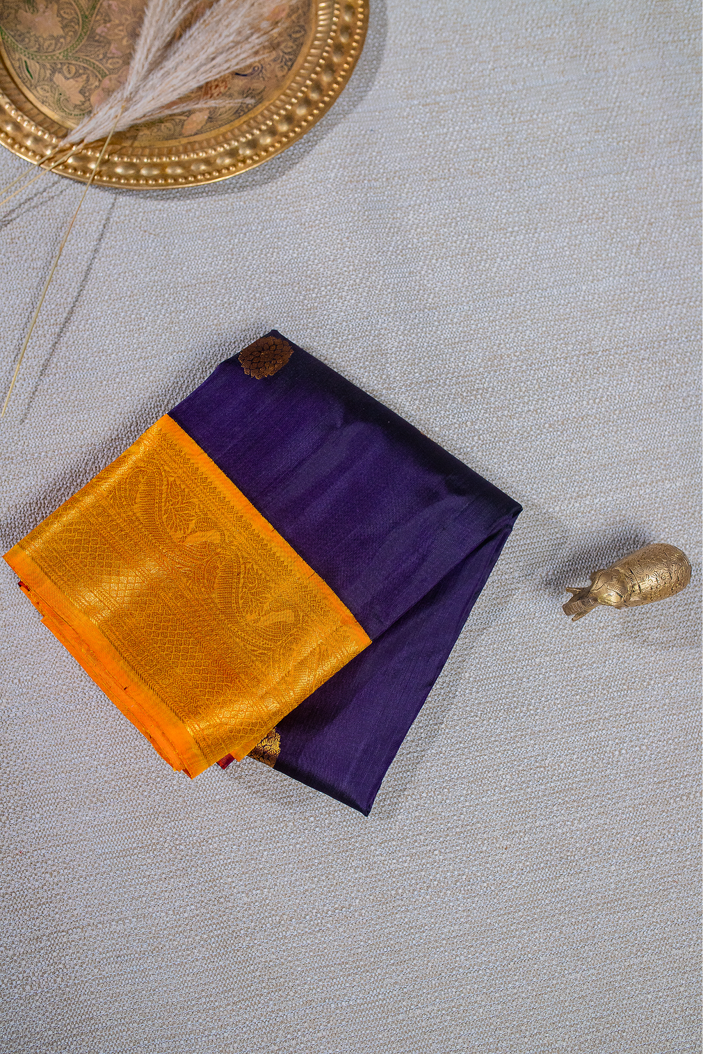 Royal Navy Blue & Golden Mustard Gadwal Pattu Saree