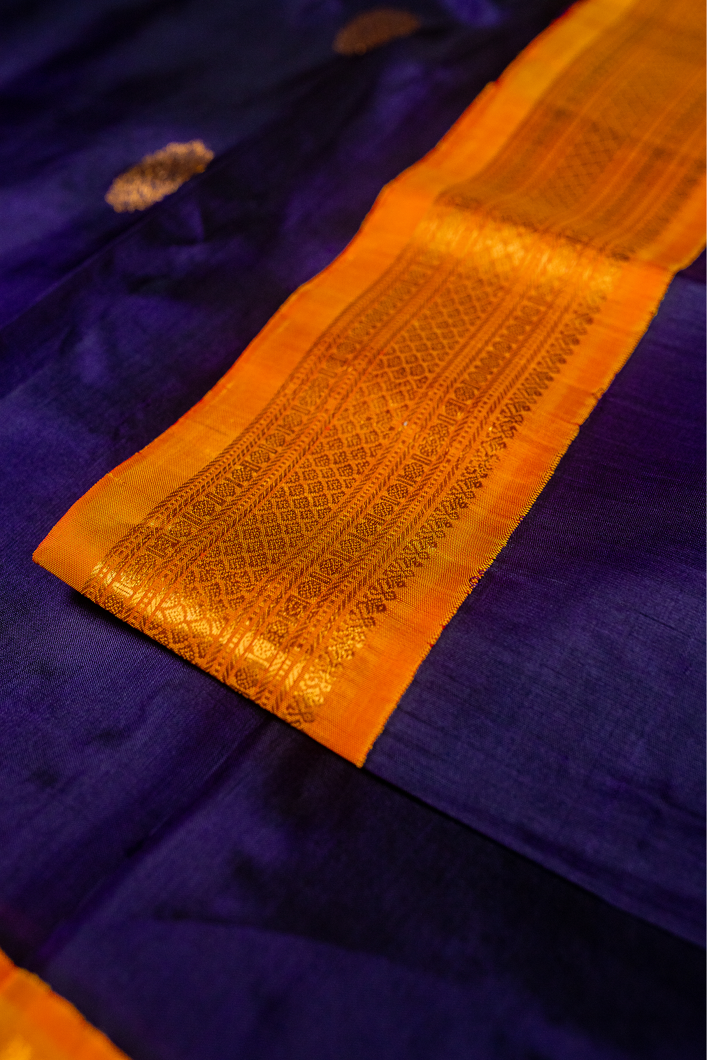 Royal Navy Blue & Golden Mustard Gadwal Pattu Saree