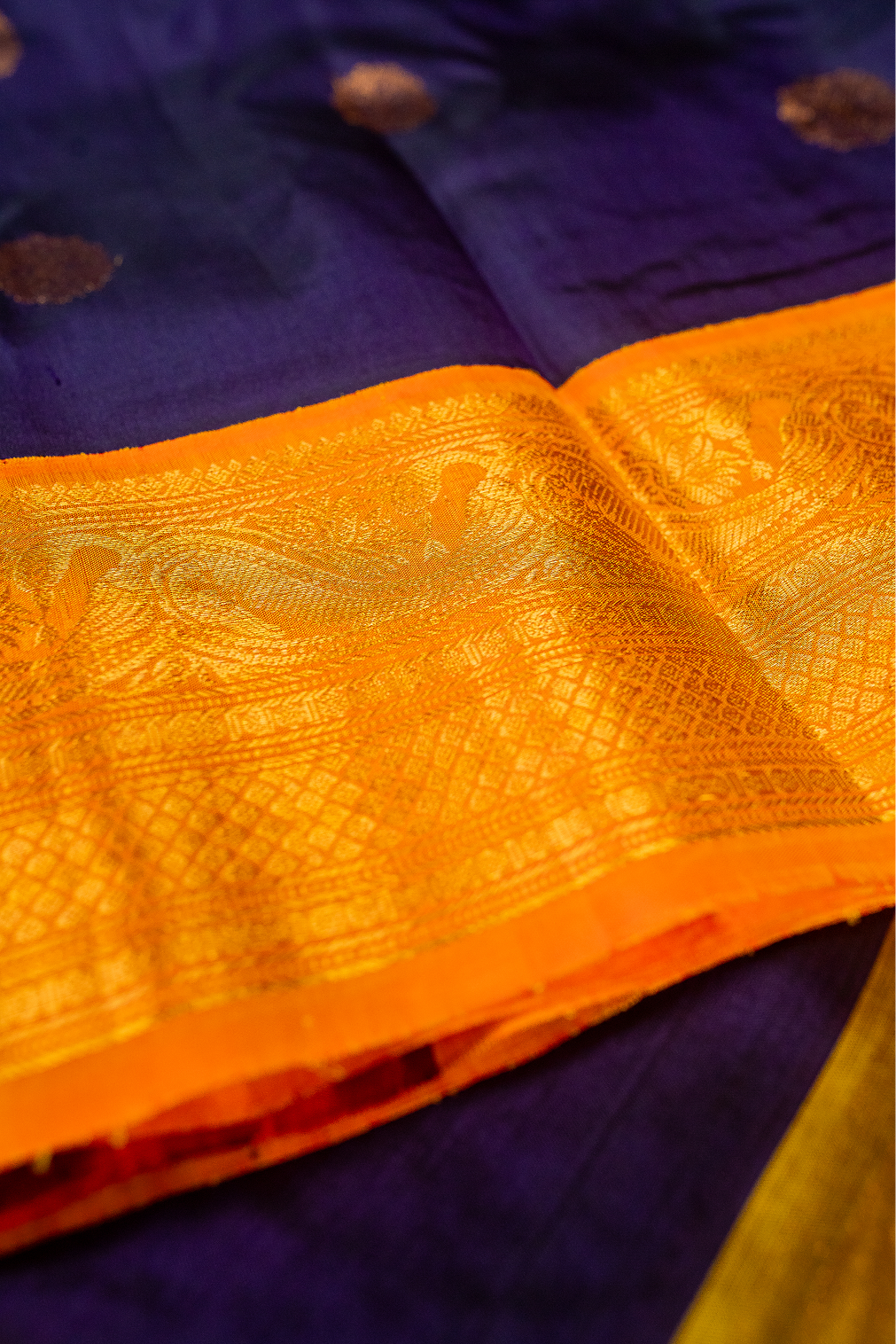 Royal Navy Blue & Golden Mustard Gadwal Pattu Saree