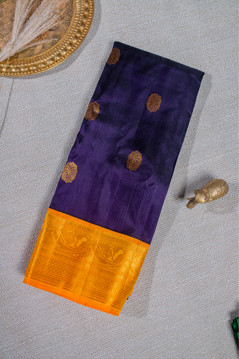 Royal Navy Blue & Golden Mustard Gadwal Pattu Saree
