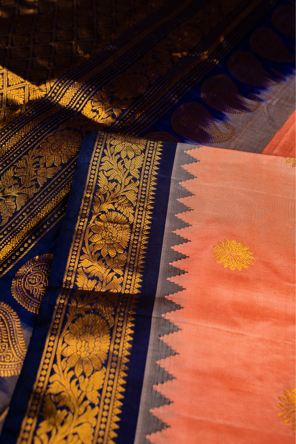 Peach& Navy Blue Gadwal Pattu