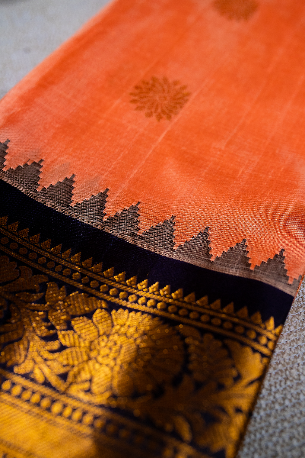 Peach& Navy Blue Gadwal Pattu