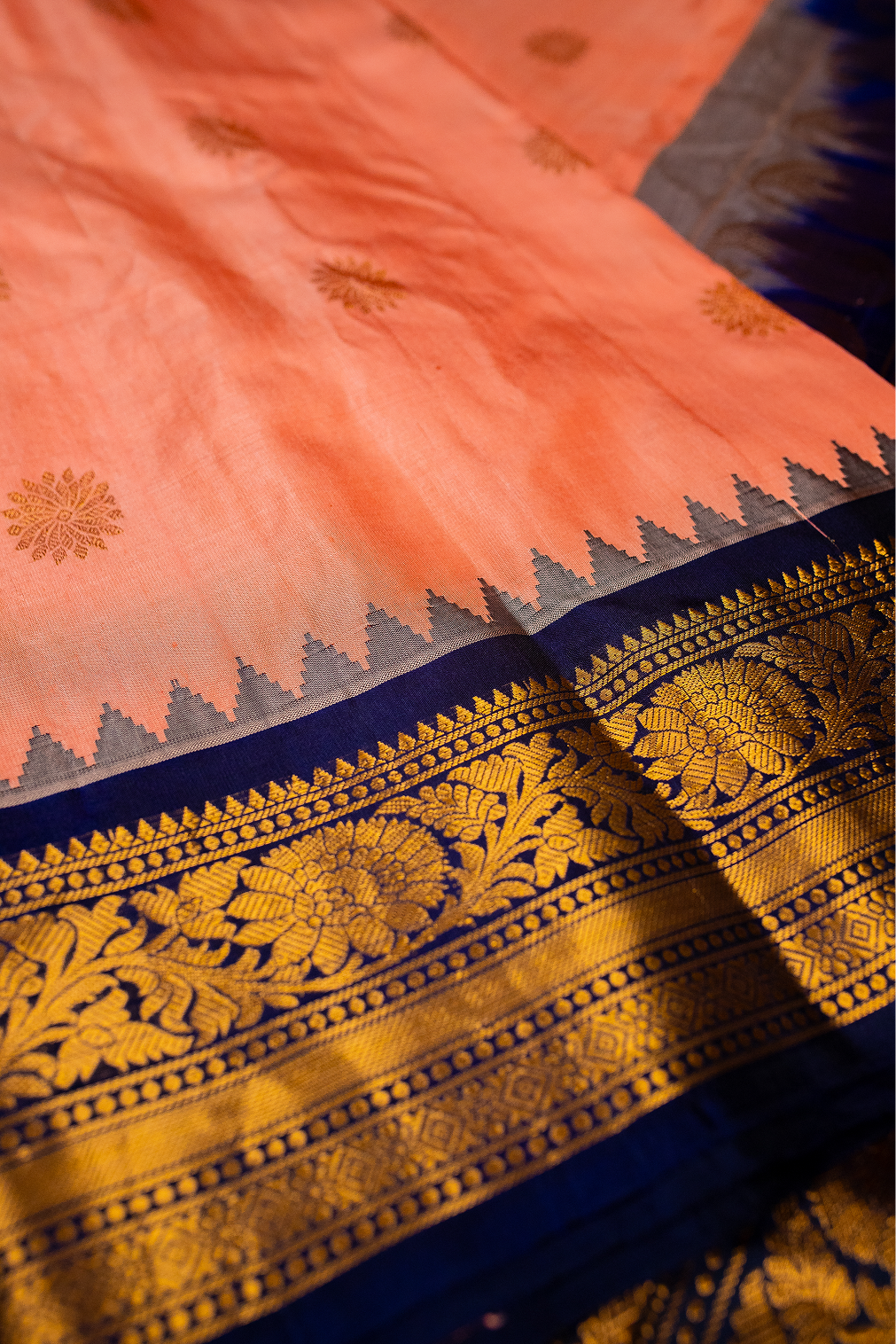 Peach& Navy Blue Gadwal Pattu