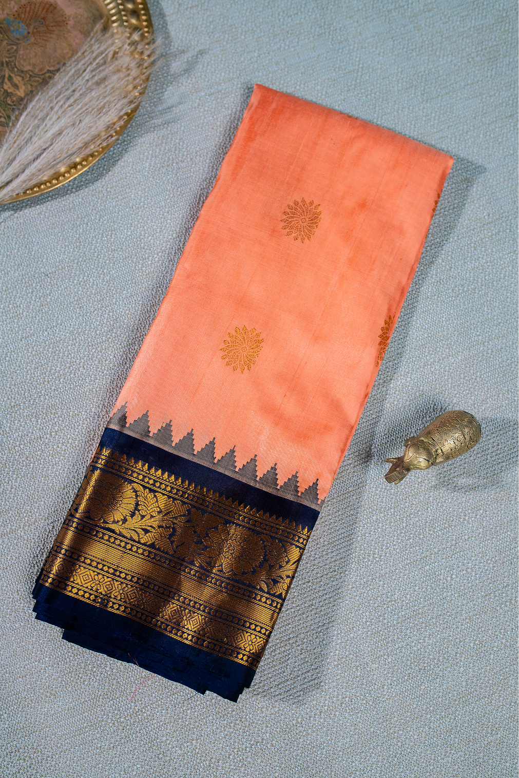 Peach& Navy Blue Gadwal Pattu
