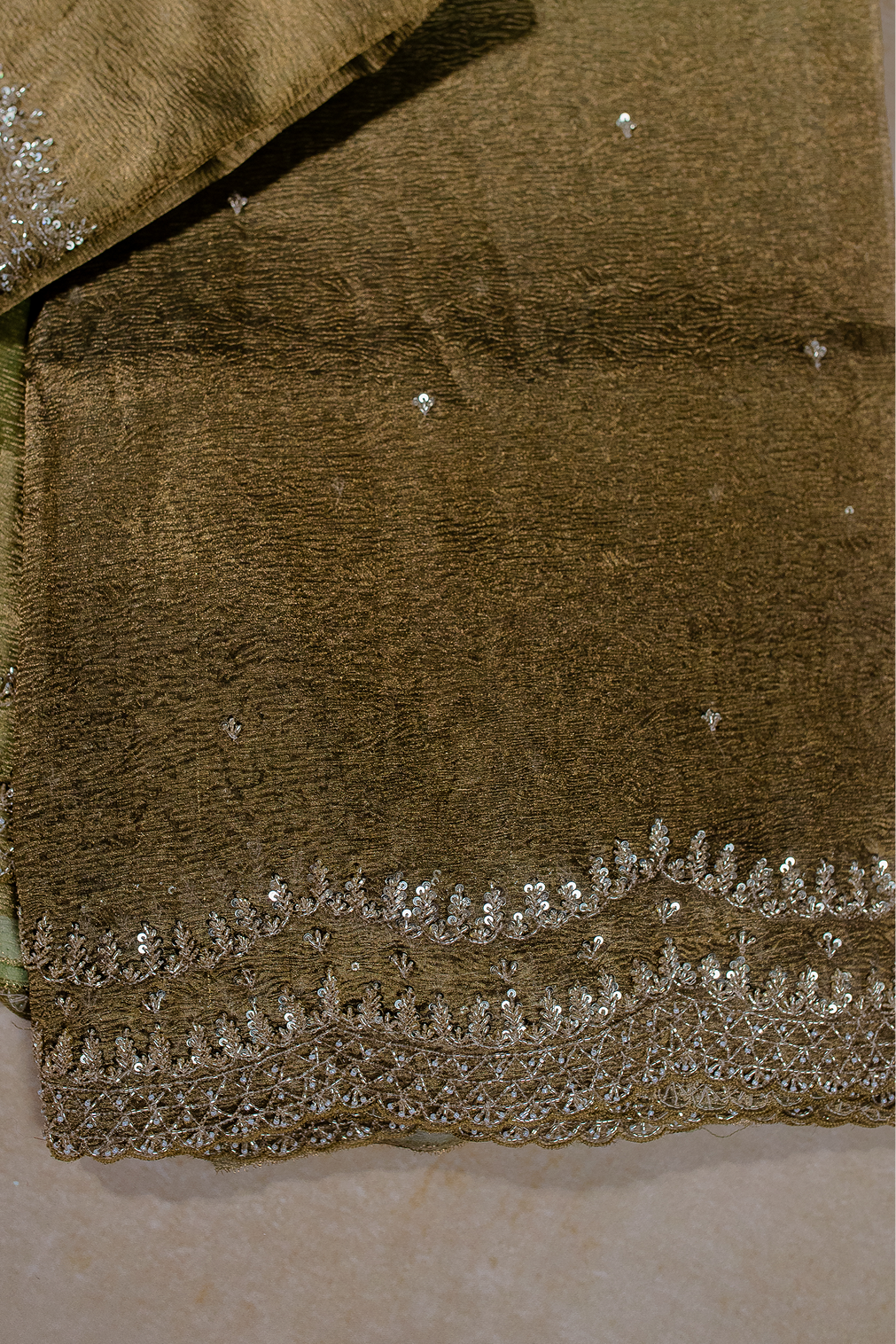 Light - Dark Mehendi Green Ombre Crushed Tissue Saree