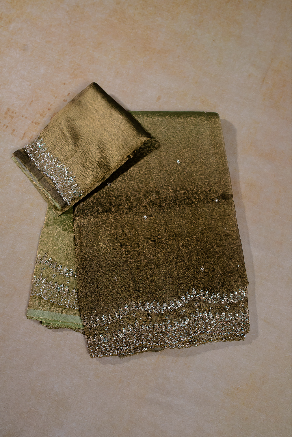 Light - Dark Mehendi Green Ombre Crushed Tissue Saree