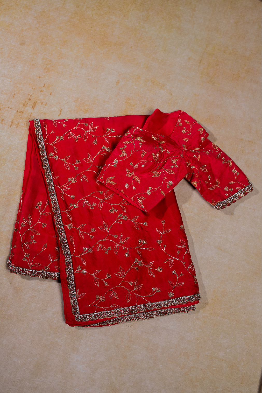 Crimson Embroidered Italian crepe saree