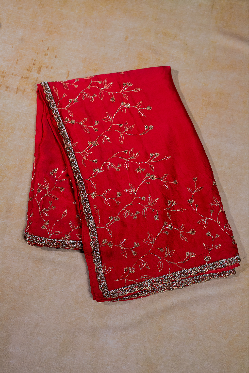 Crimson Embroidered Italian crepe saree